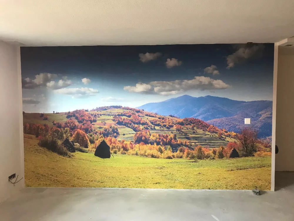 Fitnessraum (im Keller) mit Landschafttapete Fitnessraum (im Keller) mit Landschafttapete